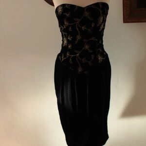 1980’s Positively Ellyn Black Velvet Dress with Gold Stitching